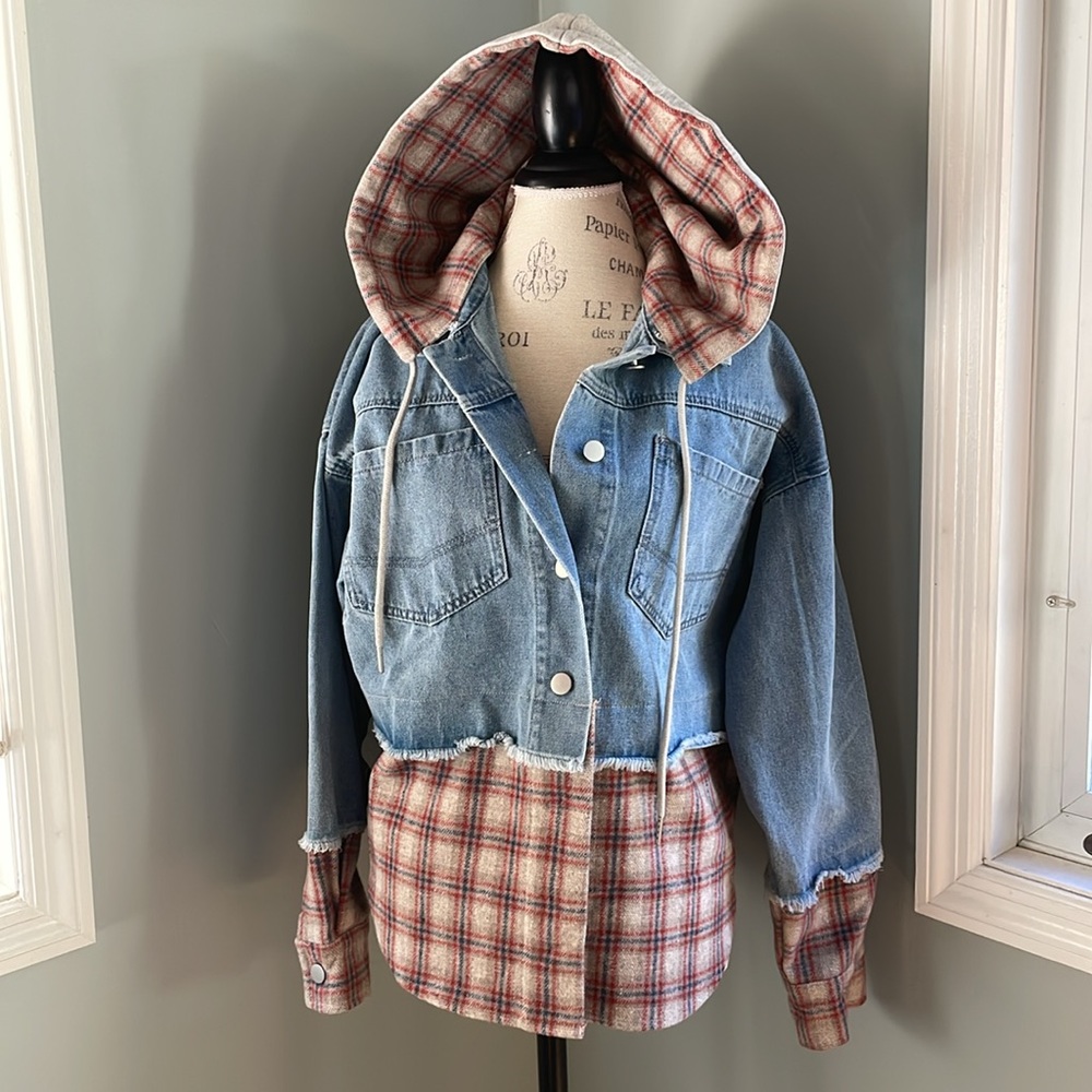 Dance & Marvel oversized flannel and jean hooded jacket NWOT size M